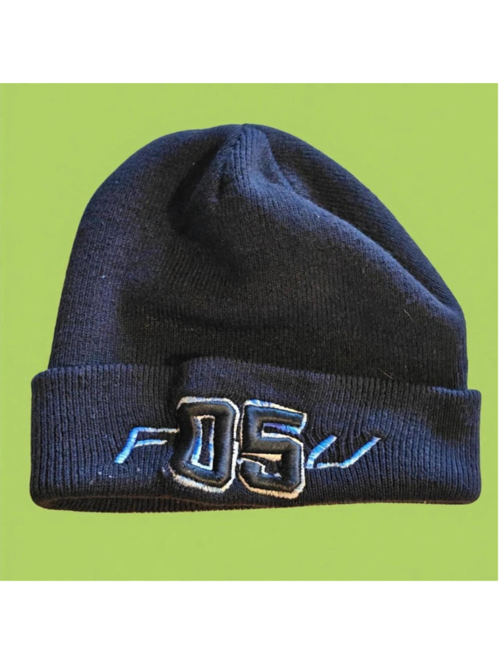 Navy blue embroidered beanie with '05' and lightning bolt design #winteraccessor